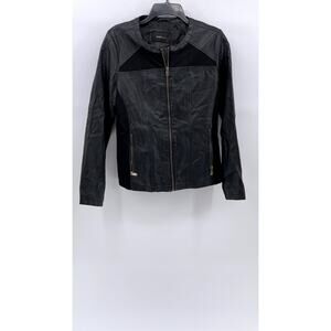 WS2 COLLECTION Women's Black Faux-Leather Zip-Up Long Sleeve Jacket SZ M